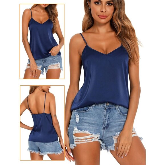 Vidussa Womens Black Blue V Neck Silk Satin Cami Sleeveless Casual Blouses Pack - Picture 3 of 6